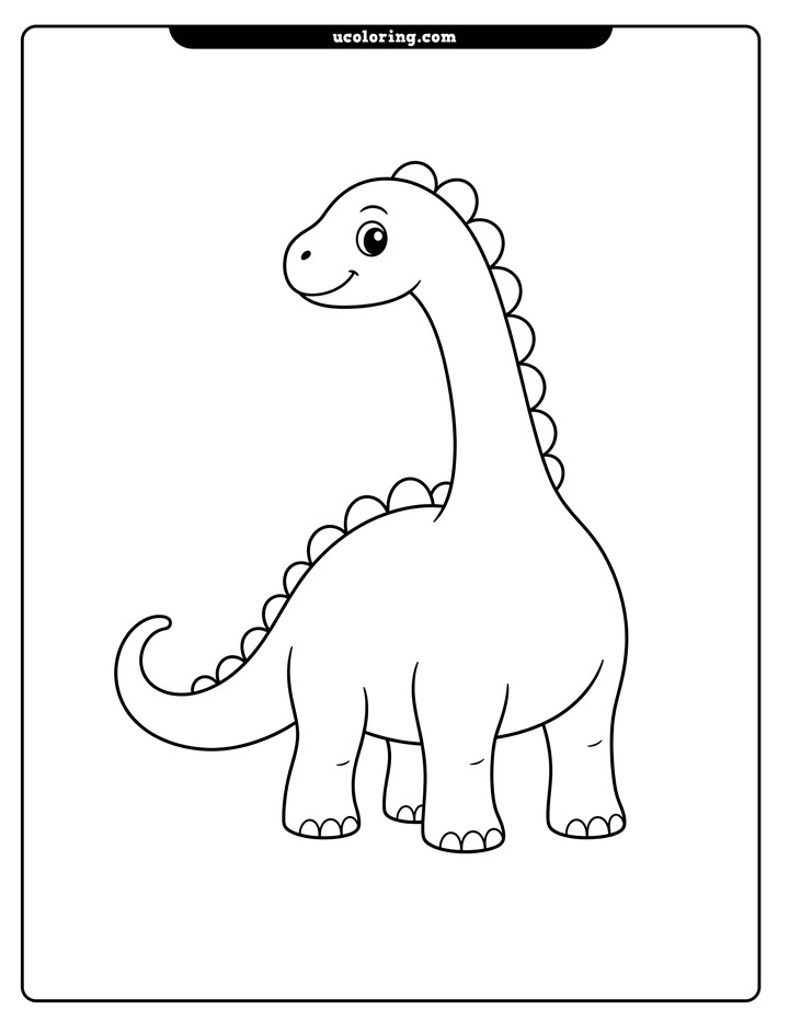 A smiling diplodocus with a curved neck, rounded body, curled tail, and back plates on a plain background coloring page