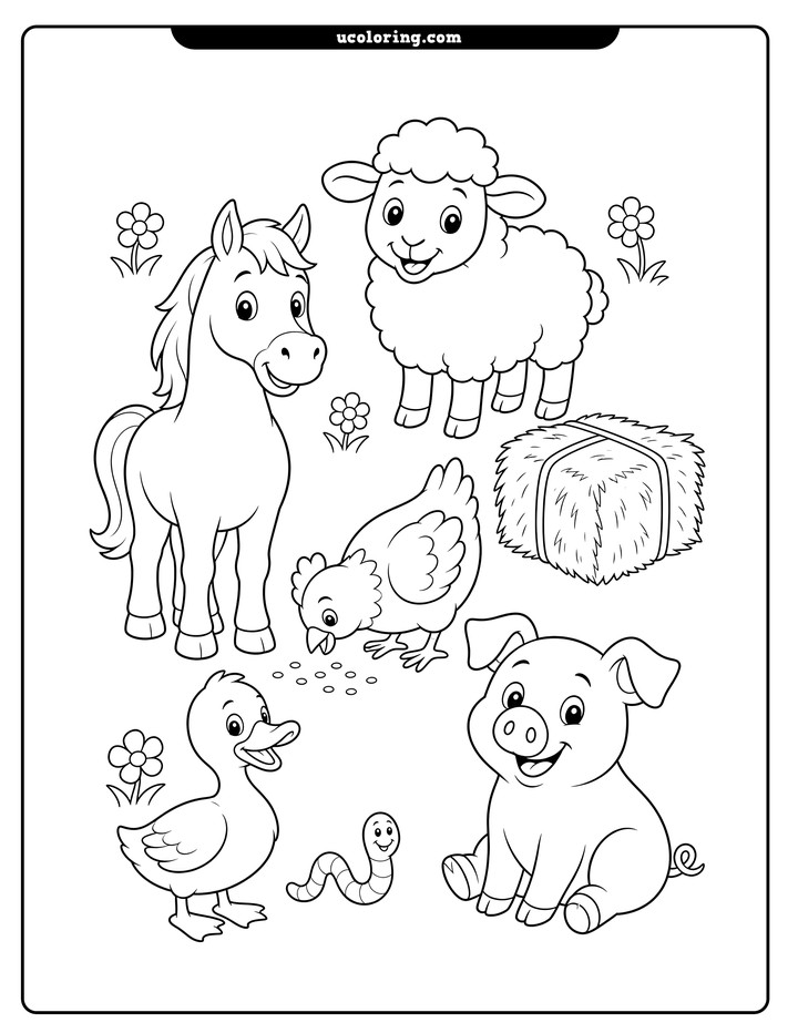Farm animals with a sheep, pig, horse, duck, hen, worm, hay bale, and flowers coloring page