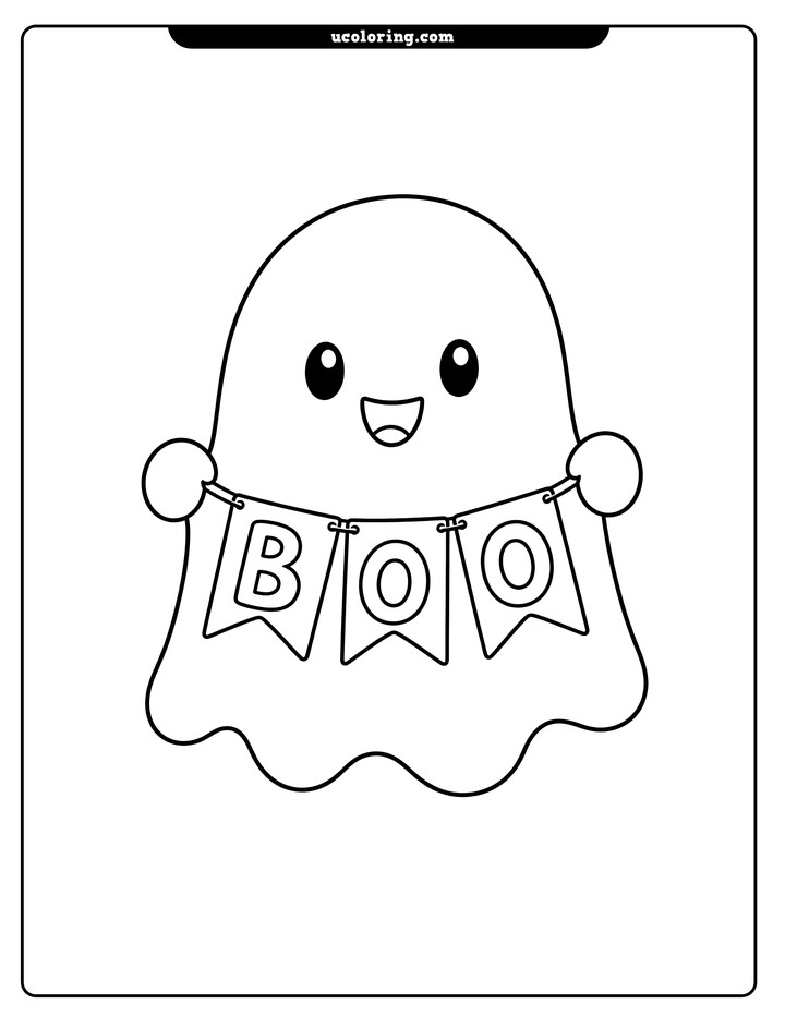 A smiling ghost holding a three-flag "BOO" banner on a plain background coloring page