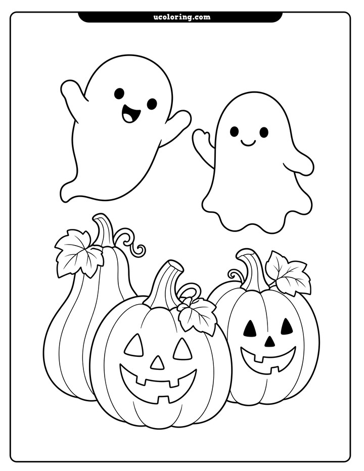 Two friendly ghosts hover above three pumpkins and gourds with carved smiling faces coloring page