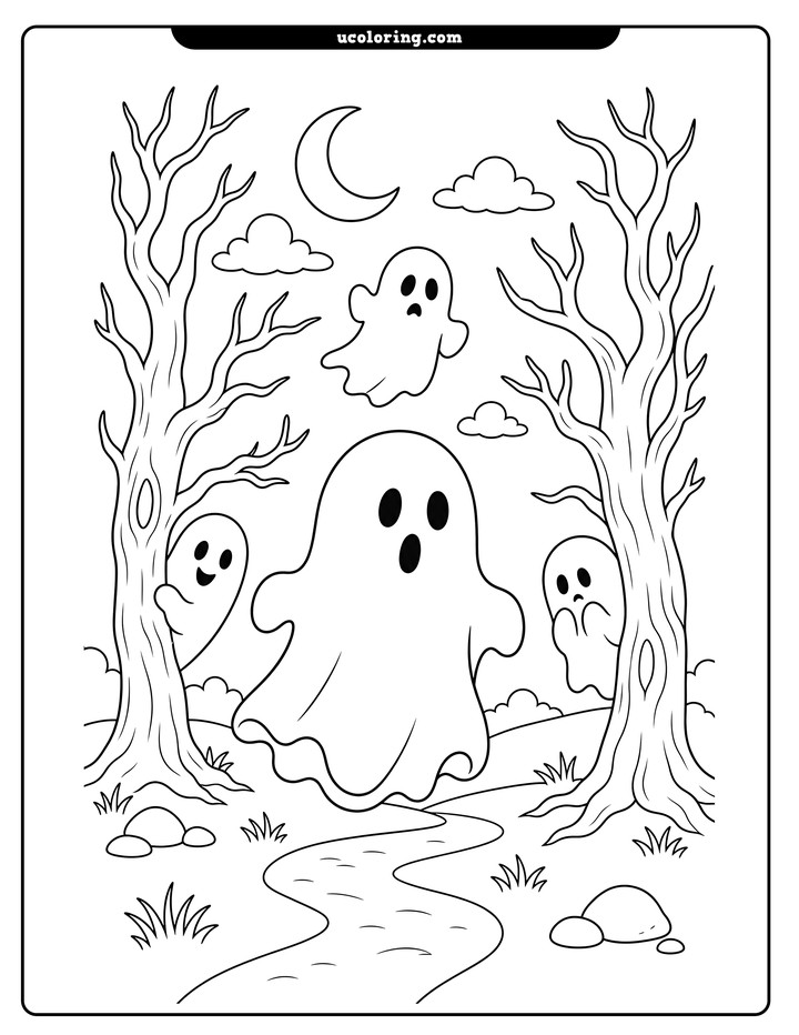 Four friendly sheet ghosts float among bare trees in a haunted forest coloring page