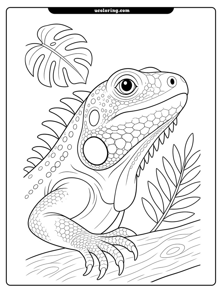Close-up iguana with dorsal spines, tropical leaves, and a small branch coloring page
