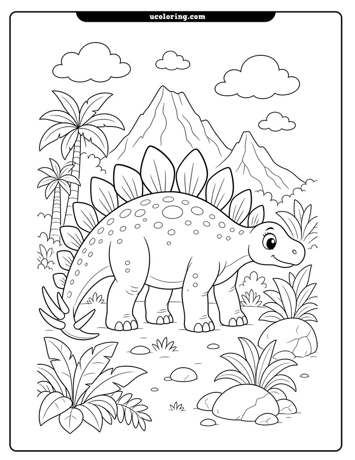A friendly young stegosaurus with tall plates stands among rocks, tropical plants, mountains, clouds, and trees coloring page