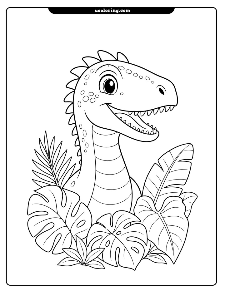 Friendly velociraptor in profile with tropical leaves around its neck coloring page