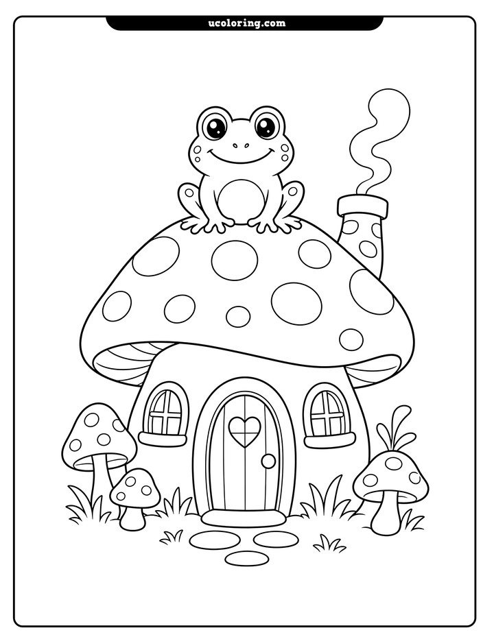 A wide-eyed frog sits on a spotted mushroom house with windows, a chimney, grass, and small mushrooms coloring page
