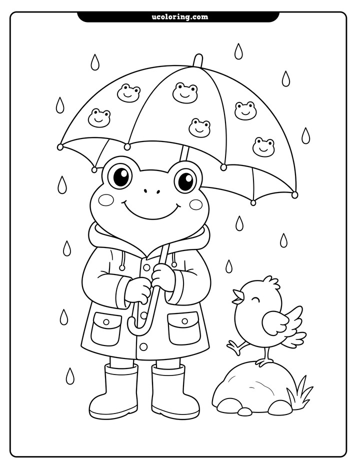 A frog in a raincoat holds a frog-face umbrella beside a bird on a rock in gentle rain coloring page