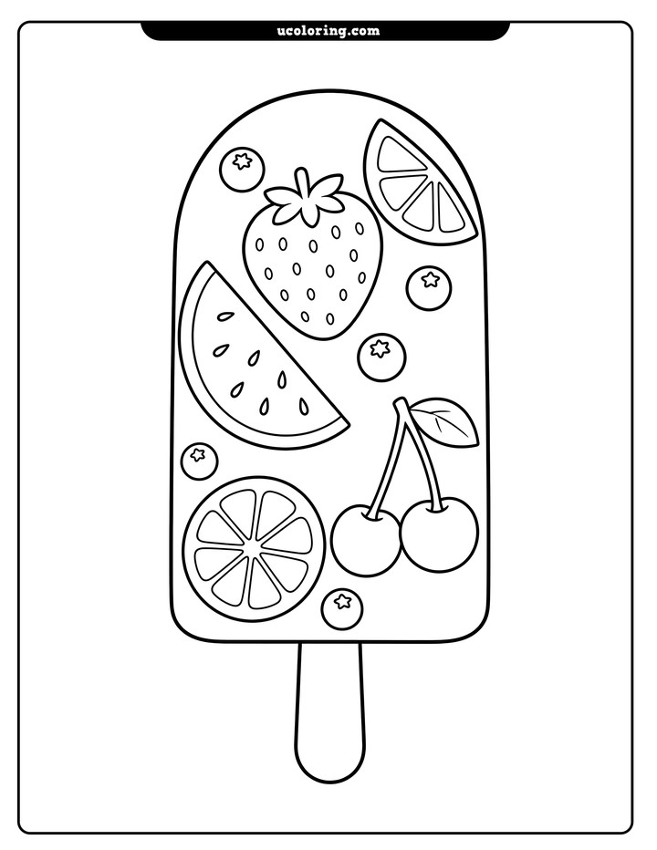 A fruit-decorated popsicle with a strawberry, watermelon slice, citrus slice, cherries, and berries coloring page
