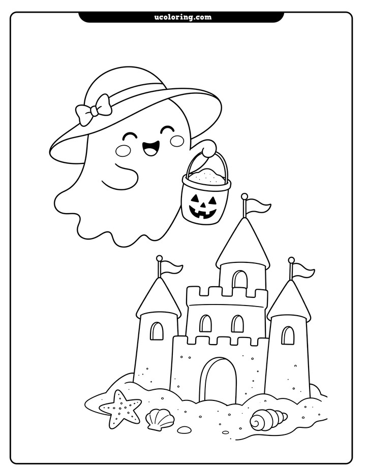 Smiling ghost in a wide-brimmed hat holds a jack-o'-lantern bucket beside a three-tower sandcastle coloring page