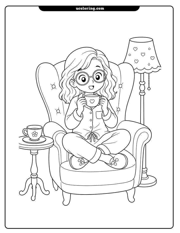 A girl with glasses holds a teacup while sitting in a wingback chair beside a table and floor lamp coloring page