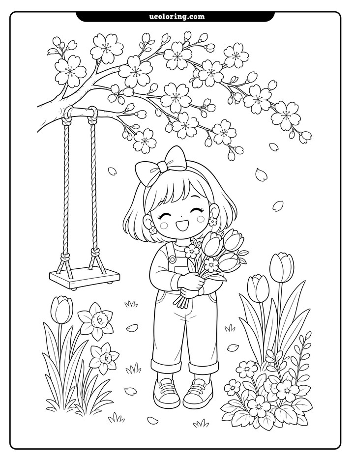 Smiling girl with a tulip bouquet in a cherry blossom garden with a swing coloring page
