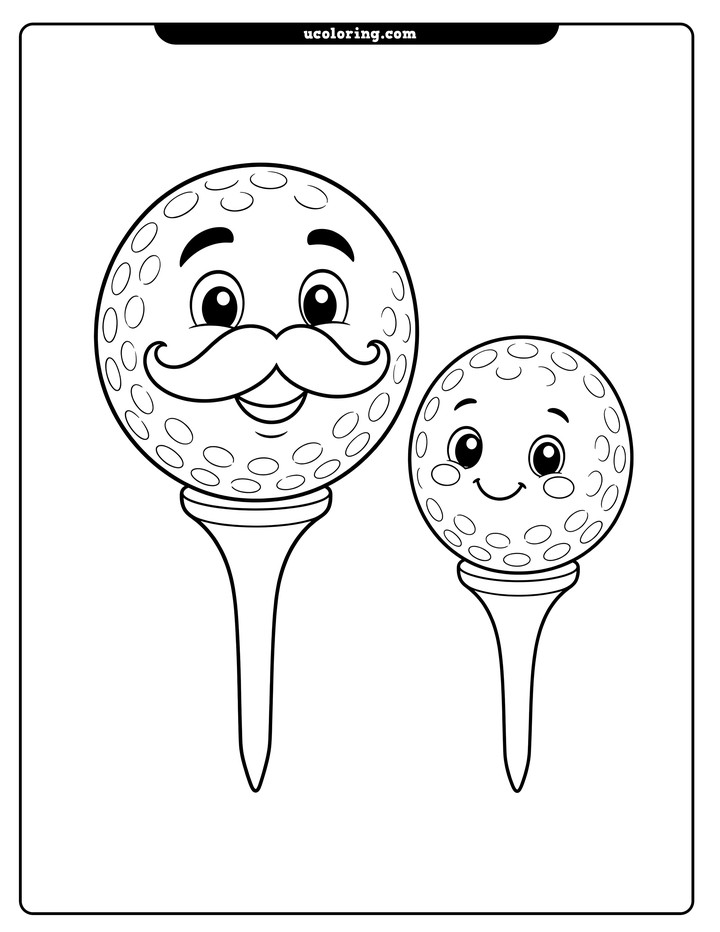 A smiling golf ball dad with a curled mustache and a smaller golf ball child stand on tees coloring page