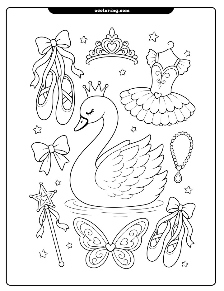 A crowned swan with ballet accessories, butterfly wings, and stars on a coloring page