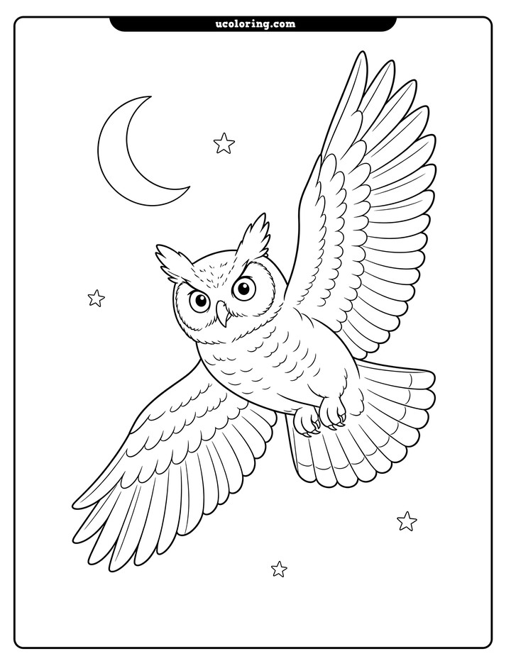 Great horned owl with spread wings and fanned tail floating in open space coloring page