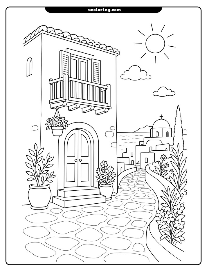 A Greek island house with a balcony, arched door, flowerpot, potted plants, and cobblestone lane coloring page