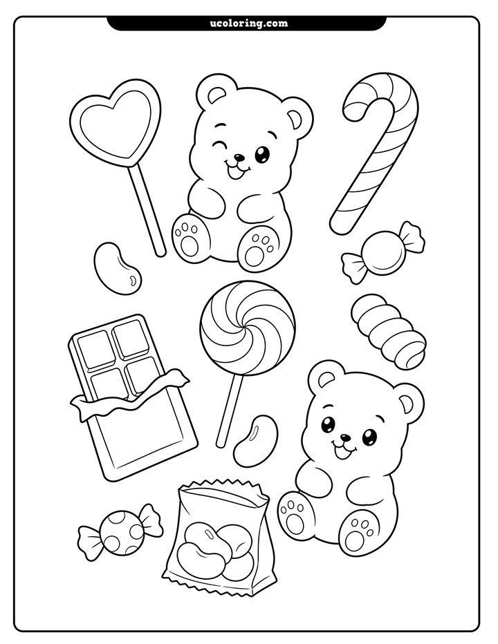Two gummy bears surrounded by lollipops, candy cane, chocolate, and assorted sweets coloring page