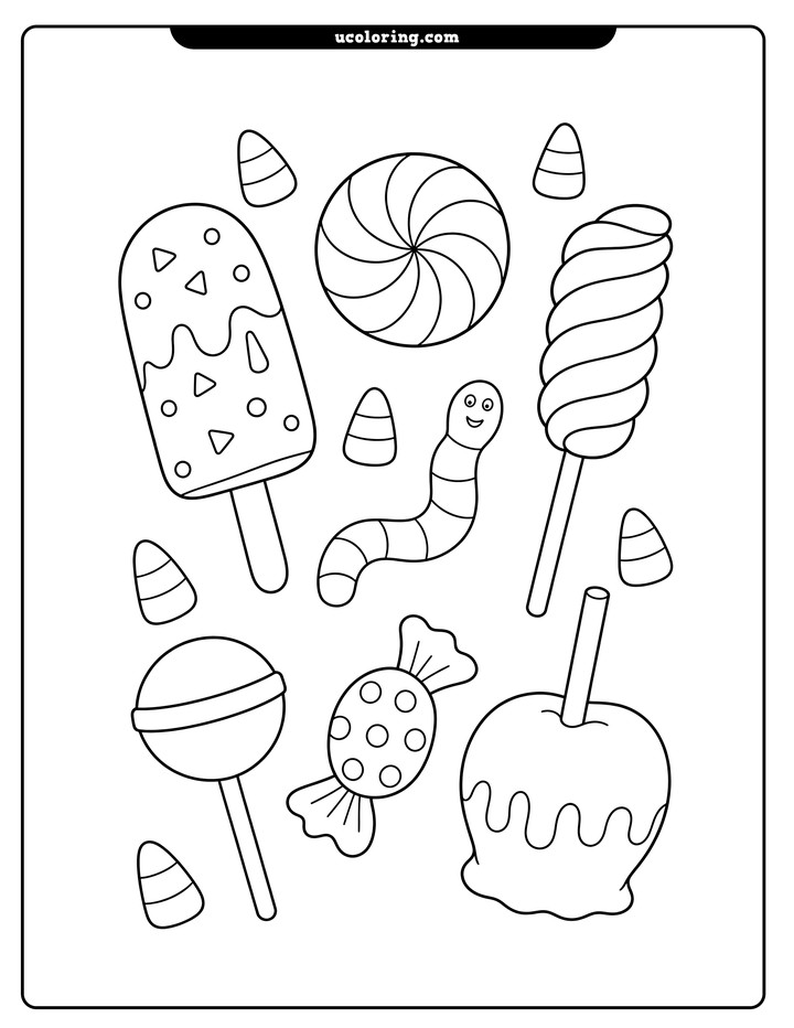 Bold line art of assorted Halloween candies, lollipops, a candy apple, candy corn, and a gummy worm coloring page