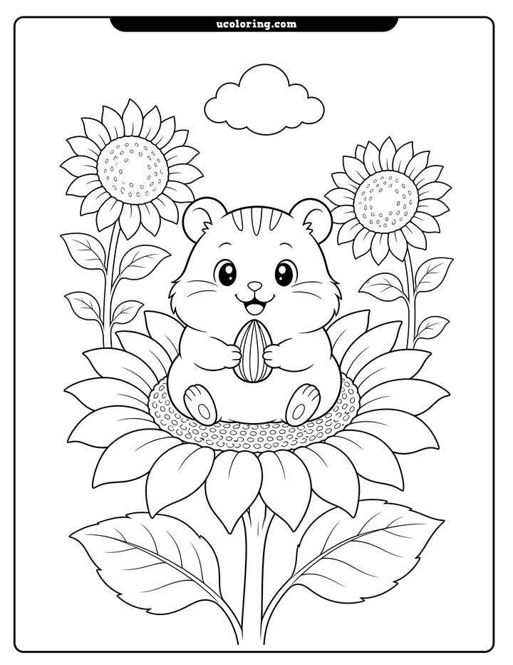 Chubby hamster holding a striped seed while sitting on a blooming sunflower, with two background sunflowers and a cloud coloring page
