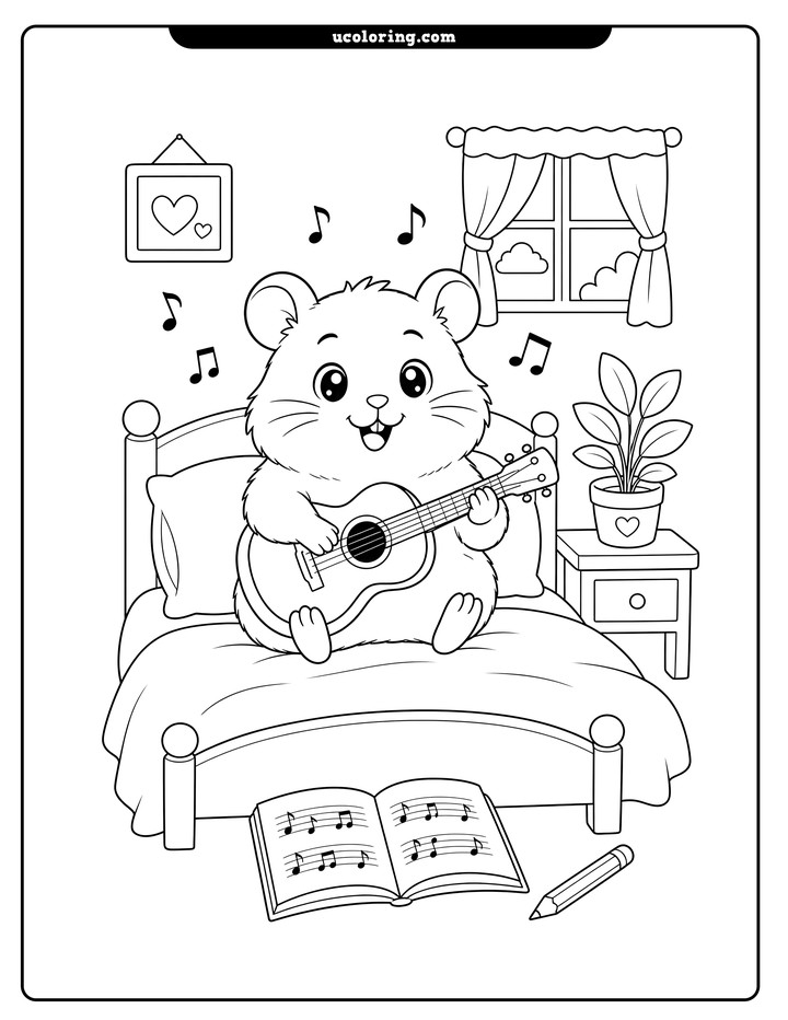 Cute hamster strumming a small acoustic guitar while sitting on a bed with music notes coloring page