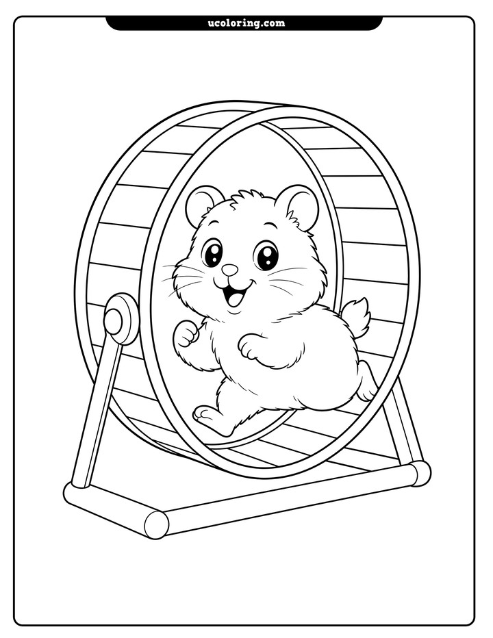 Fluffy hamster running inside a large exercise wheel on a simple stand coloring page