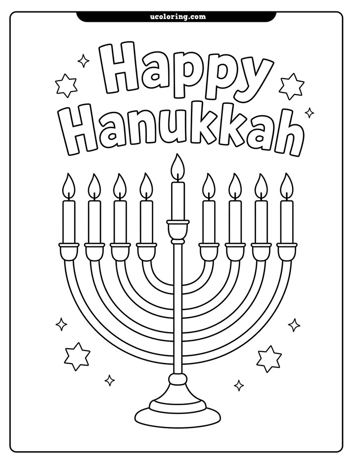 An upright Hanukkah menorah with nine lit candles beneath "Happy Hanukkah" block letters coloring page
