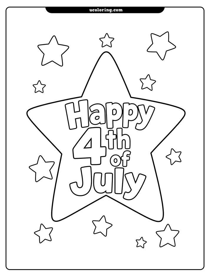 Large five-pointed star with "Happy 4th of July" lettering and smaller surrounding stars coloring page