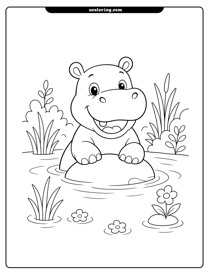 Happy baby hippopotamus sitting in a calm pond on a partially submerged rock, surrounded by grass, bushes, and flowers coloring page