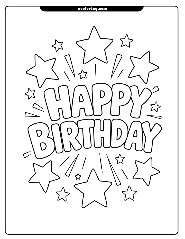 Centered "HAPPY BIRTHDAY" text surrounded by large radiating stars coloring page