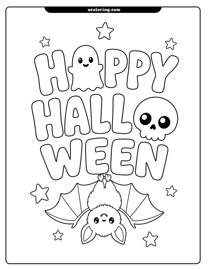Happy Halloween lettering with a ghost, friendly skull, hanging bat, and stars coloring page