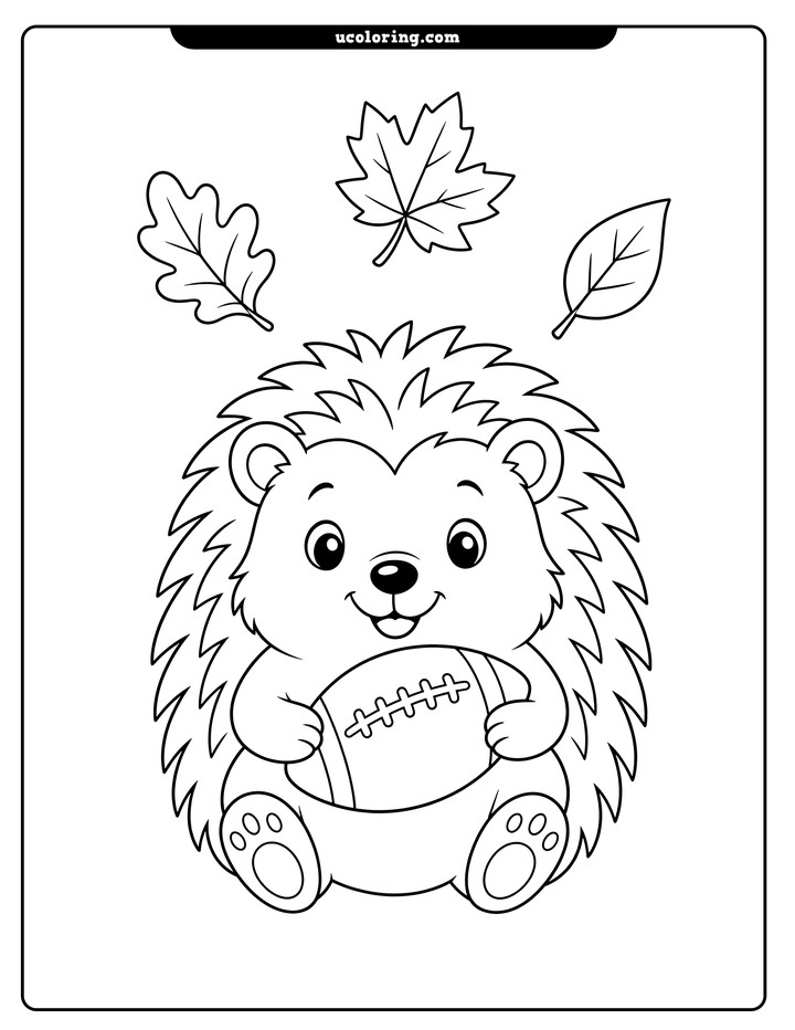 Happy hedgehog holding a football with three autumn leaves above its head coloring page