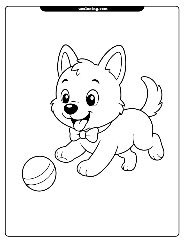 Happy puppy running left toward a round ball, wearing a bow tie coloring page
