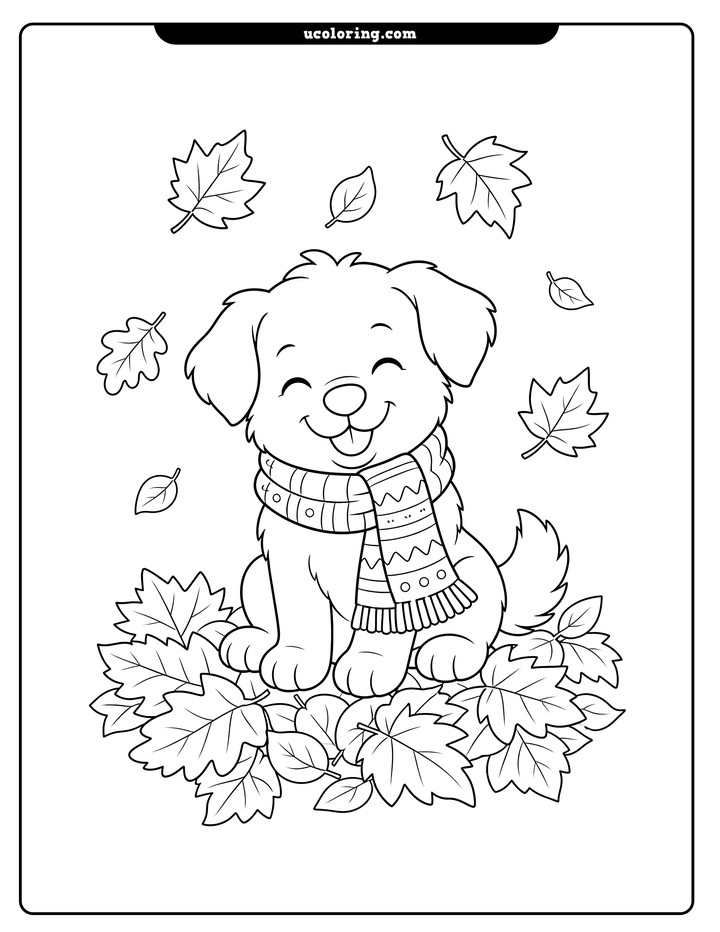 A smiling puppy in a patterned scarf sits among falling autumn leaves coloring page
