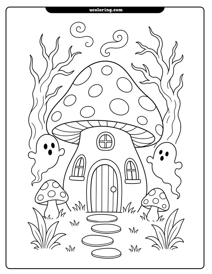 Haunted spotted mushroom house with two friendly ghosts, smaller mushrooms, bare trees, mist, and plants coloring page