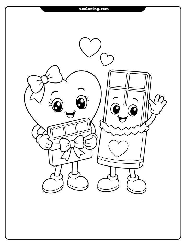Heart character holding a wrapped chocolate bar beside a waving chocolate bar character with two floating hearts coloring page