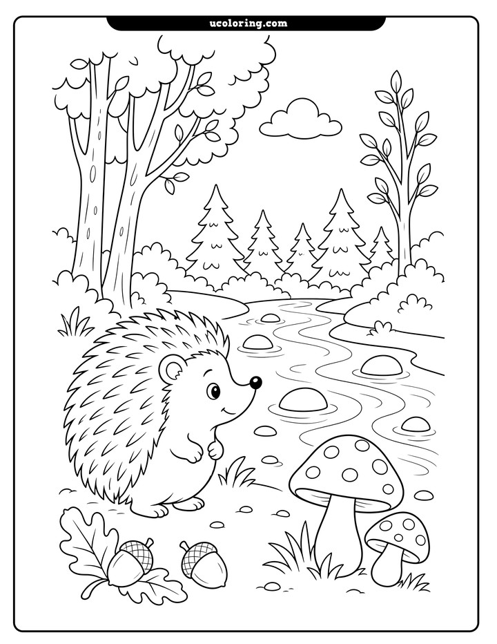 A smiling hedgehog beside a curving woodland river with mushrooms, acorns, stones, and trees coloring page