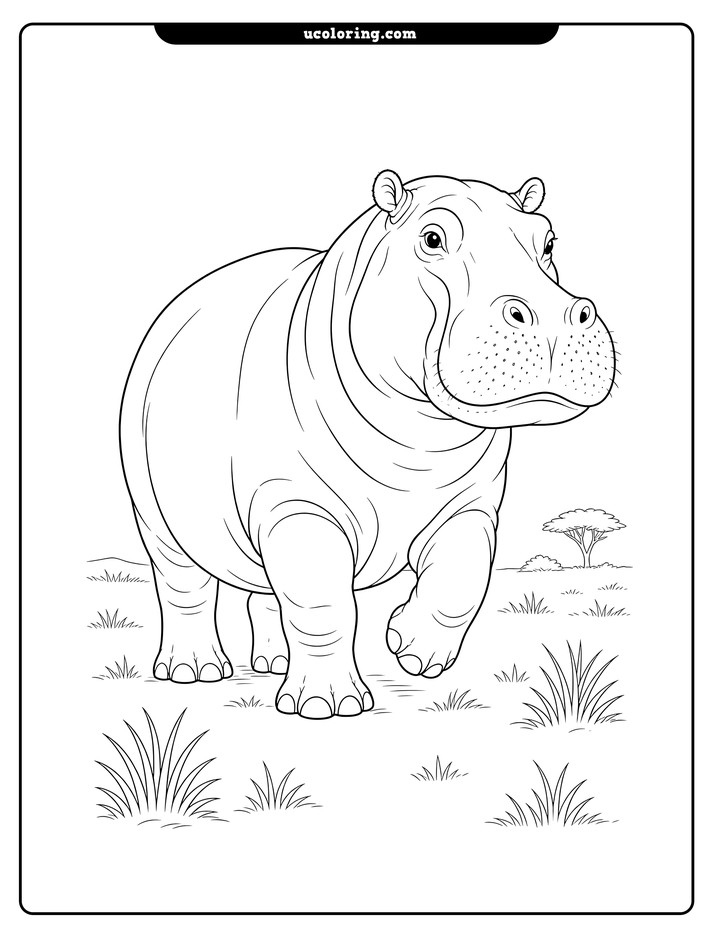 A realistic hippopotamus with one front foot lifted stands among sparse grass tufts coloring page