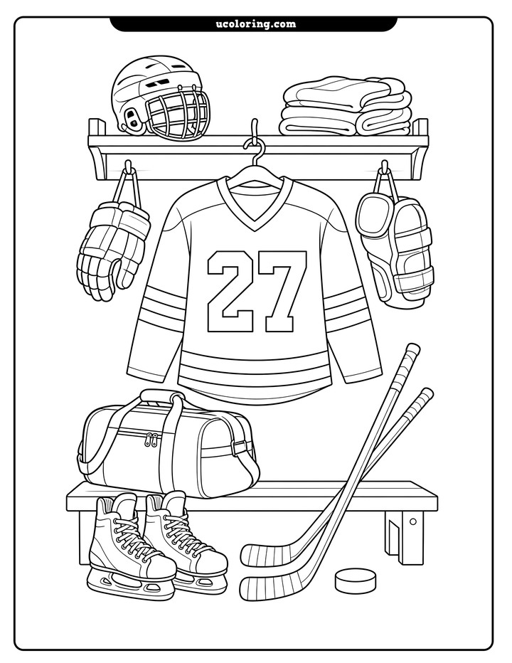 Hockey jersey numbered 27 with helmet, gear, bench, bag, skates, crossed sticks, and puck coloring page