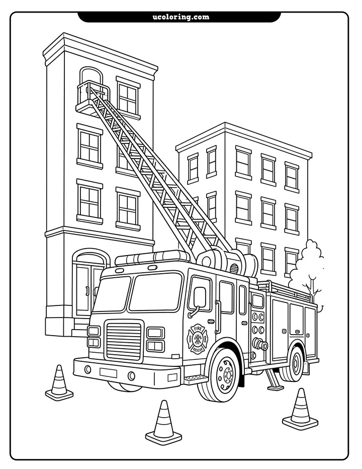 Hook-and-ladder fire truck with a raised ladder beside city buildings and traffic cones coloring page