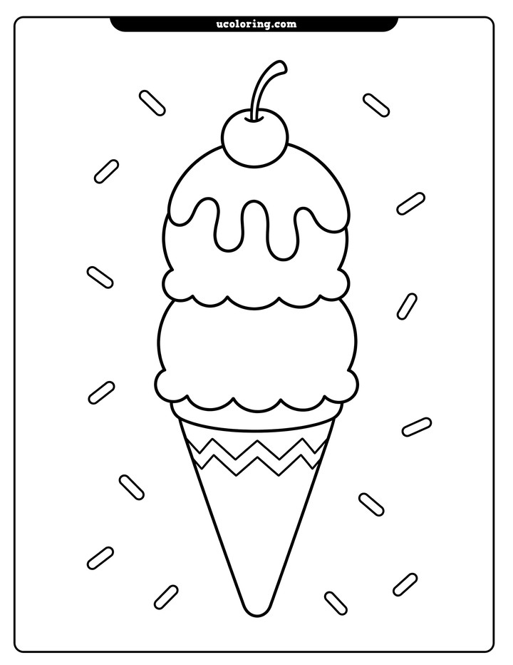 Centered two-scoop ice cream cone with a cherry, zigzag cone pattern, and floating sprinkles coloring page