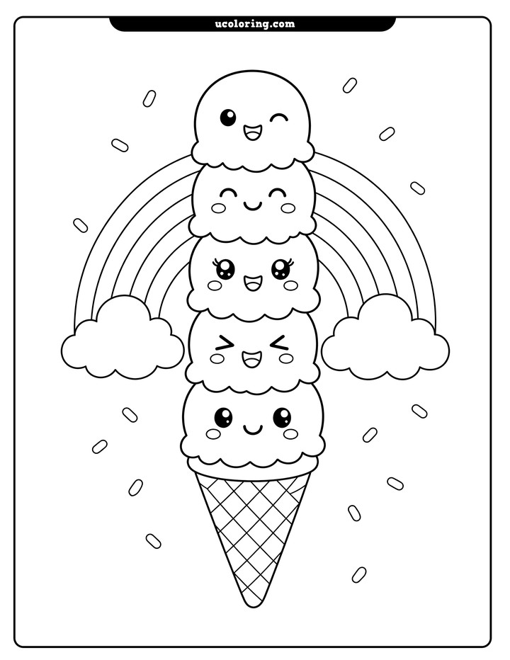 Tall five-scoop ice cream cone with a rainbow, clouds, and falling sprinkle-like shapes coloring page