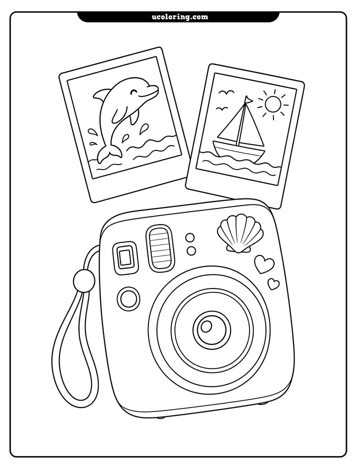 Tilted instant camera with a seashell, hearts, and floating dolphin and sailboat photos coloring page