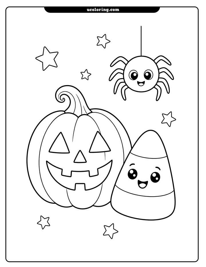 A smiling jack-o'-lantern, candy corn character, spider, and small stars coloring page