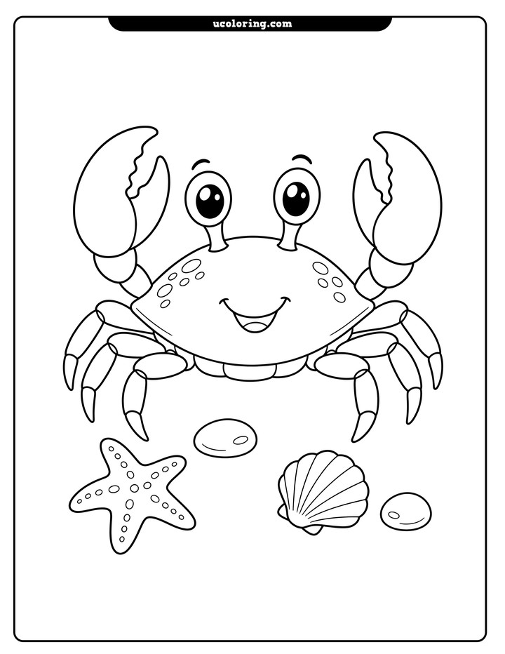 Front-facing Jamaican crab with a starfish, seashell, and beach pebbles on a white background coloring page