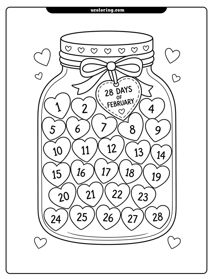 A large centered jar filled with evenly spaced hearts numbered 1 through 28 coloring page