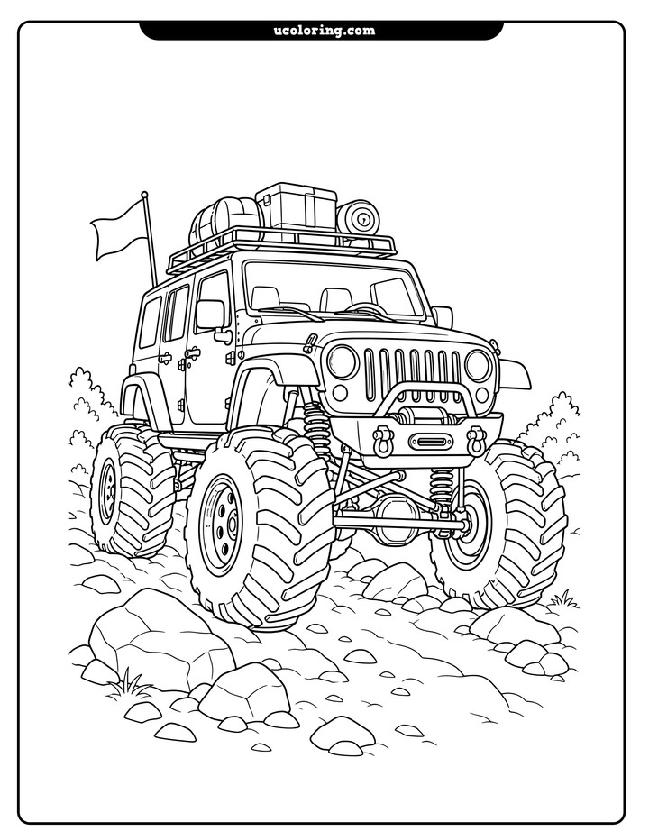 Jeep-style monster truck with huge tires driving on a rocky trail coloring page