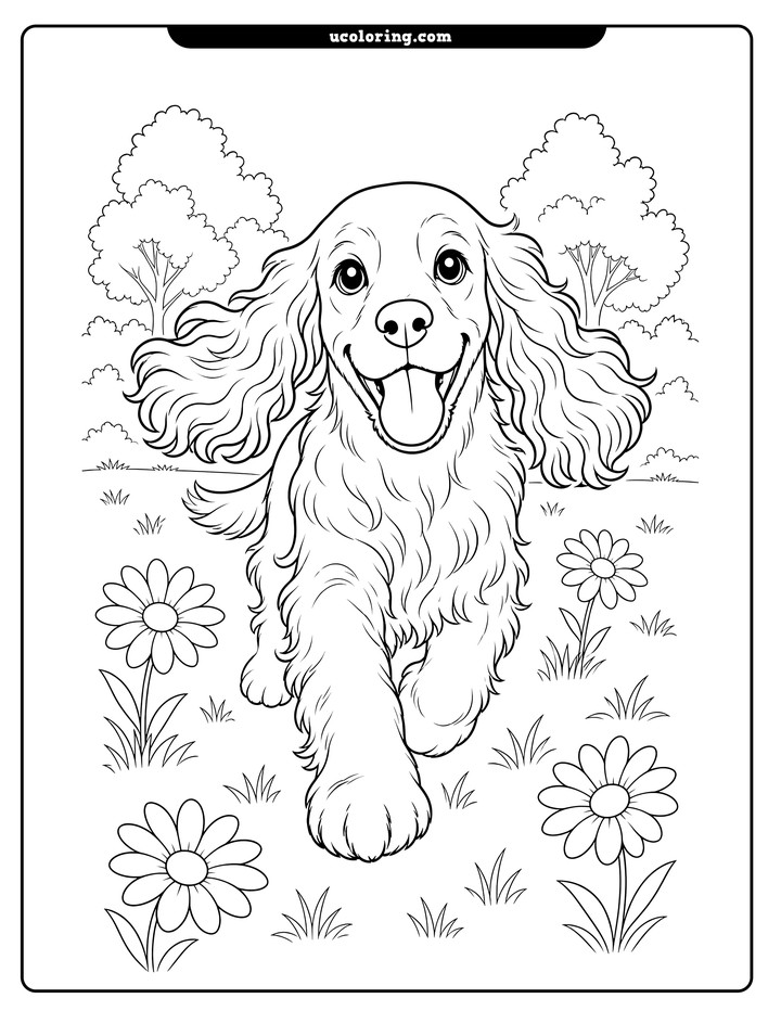 A joyful cocker spaniel runs through a grassy meadow with daisy flowers and distant leafy trees coloring page