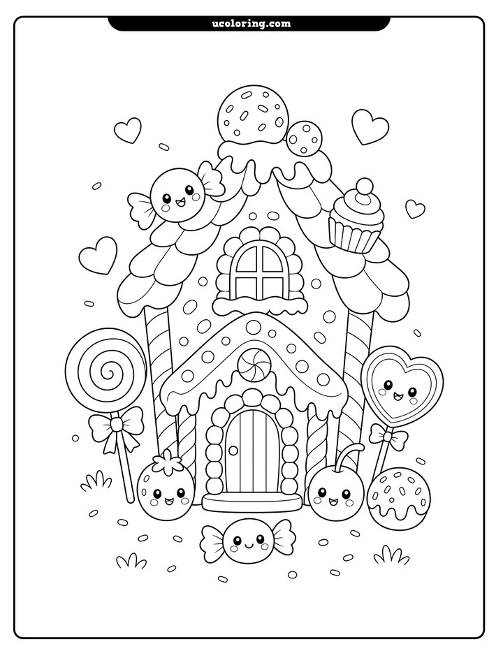 A kawaii candy house with lollipops, wrapped sweets, candy fruits, hearts, and sprinkles coloring page