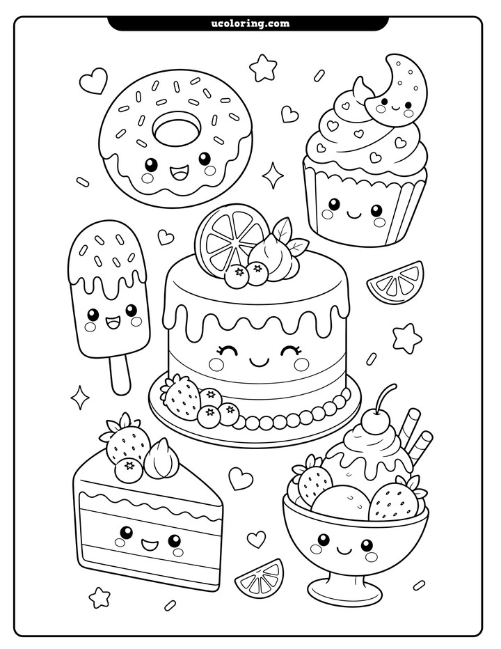 Kawaii cake, doughnut, cupcake, popsicle, cake slice, and ice cream sundae with smiling faces coloring page