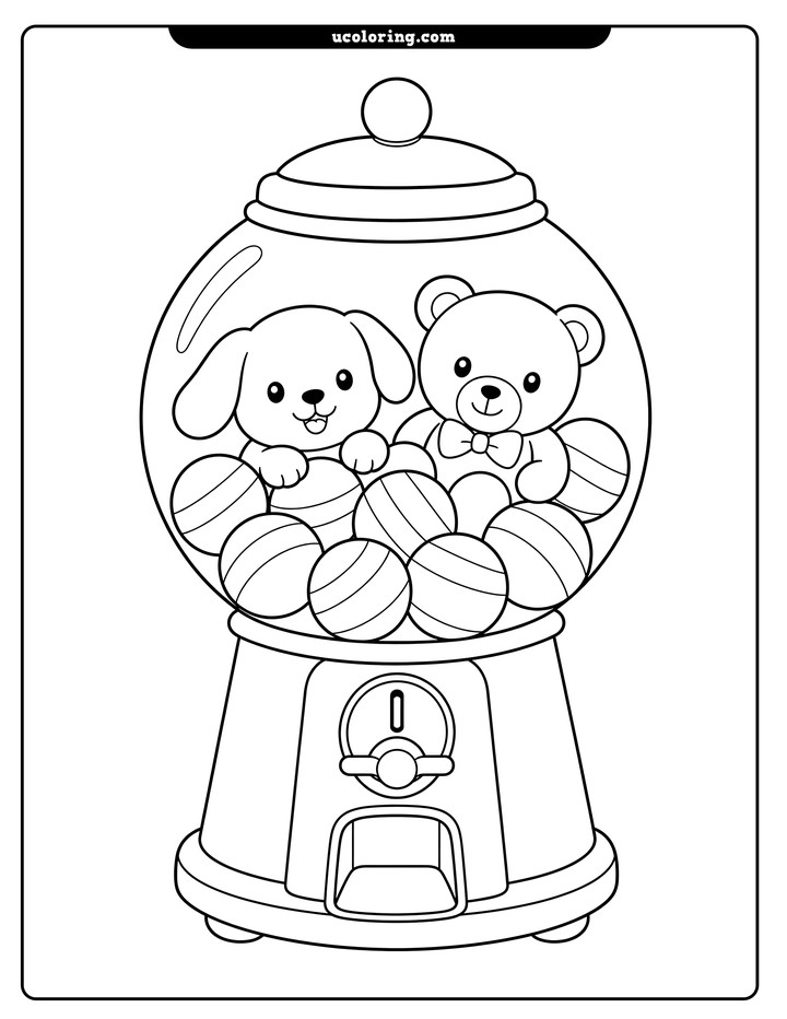Centered kawaii gumball machine with striped gumballs, a puppy, and a teddy bear coloring page