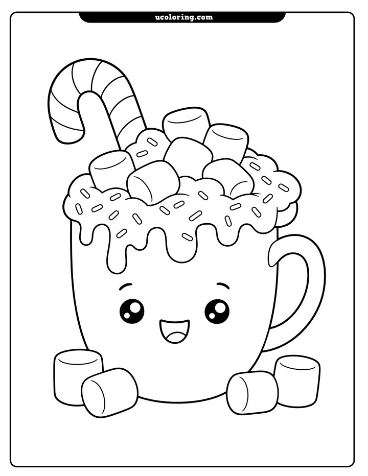Front-facing kawaii hot chocolate mug with marshmallows and a striped candy cane coloring page