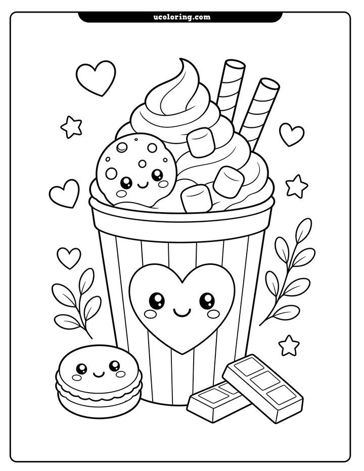 Smiling hot cocoa in a striped takeaway cup with whipped cream, cookie, marshmallows, wafers, and sweet treats coloring page